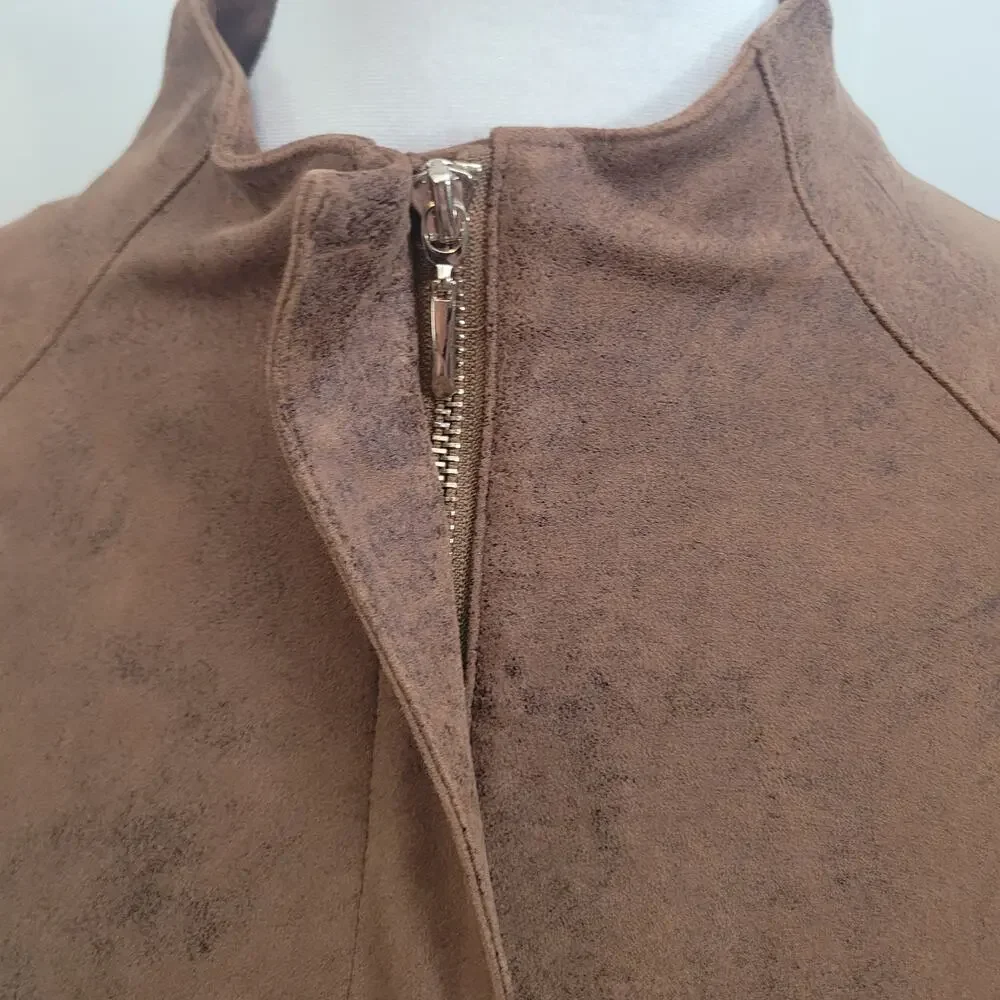 Chico's Size 2 US 12/14 Suede Moto Jacket‎ Brown Faux Leather Western Minimalist